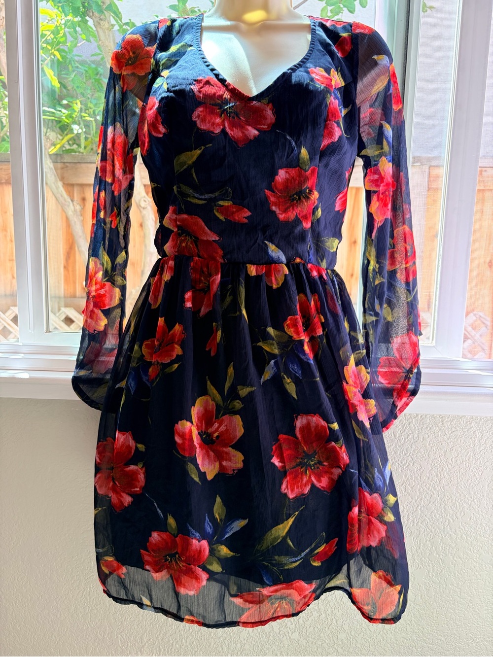 Hollister Navy Dress with Beautiful Red Floral Print